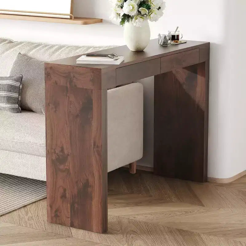 Okak Elegant Wood Grain Texture Veneer Console Table with 2 Drawers,Farmhouse Sofa Table Bar Table for Living Room,Hallway