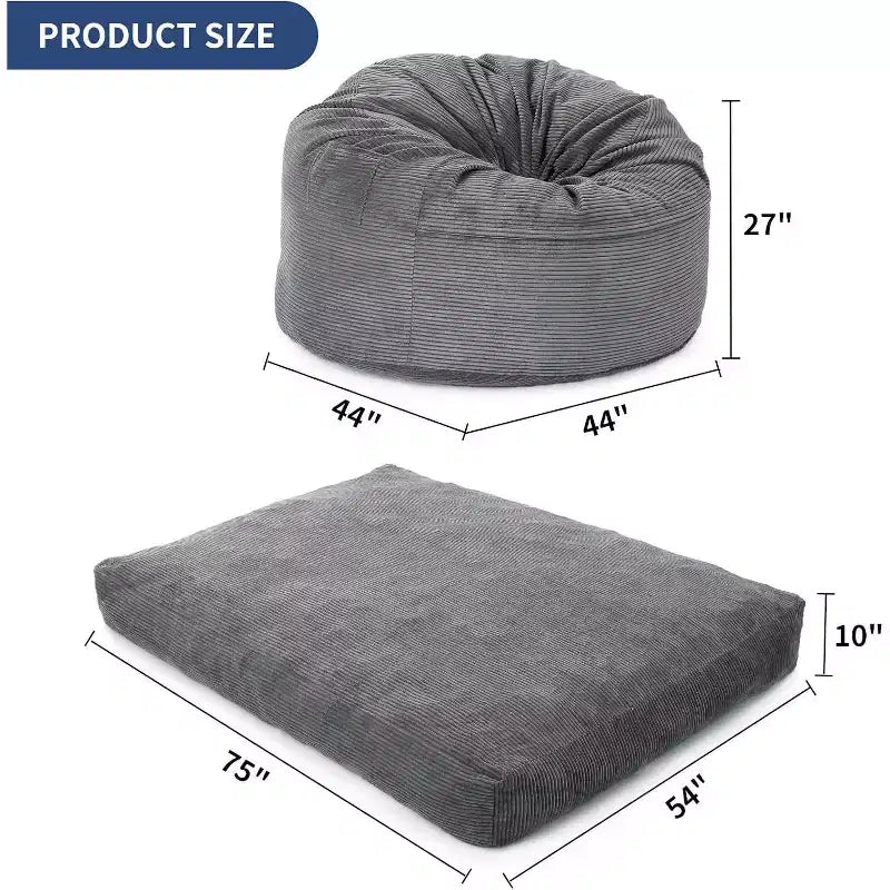 Adult Convertible Bean Bag Chair with Washable Corduroy Cover, Oversized Bean Bag Bed