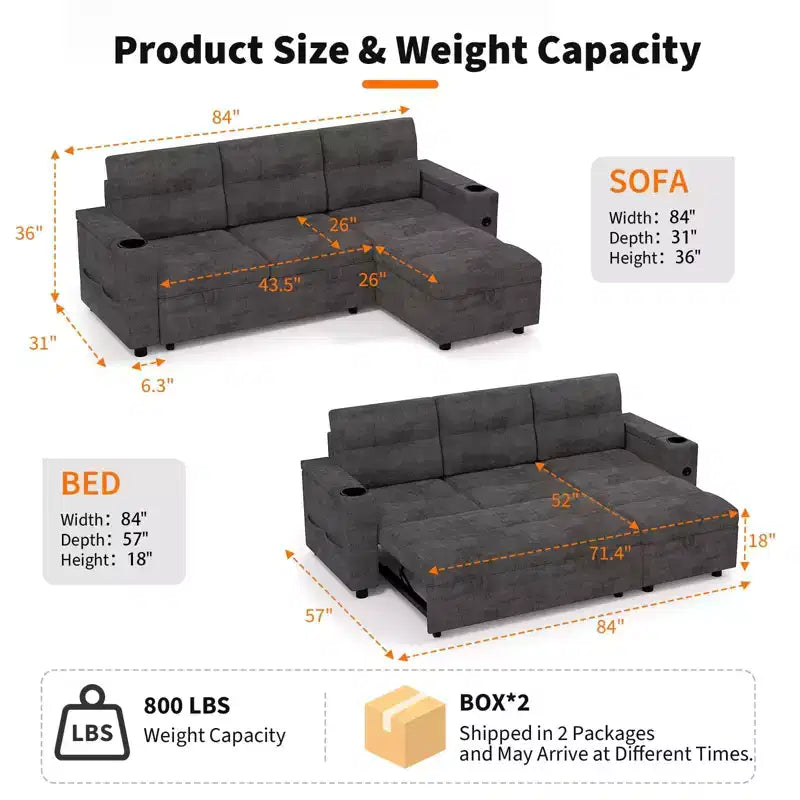 84 Sectional Sleeper Sofa with Storage Chaise & USB, Convertible L-Shaped Corduroy Couch for Living Room or Apartment, Dark Grey