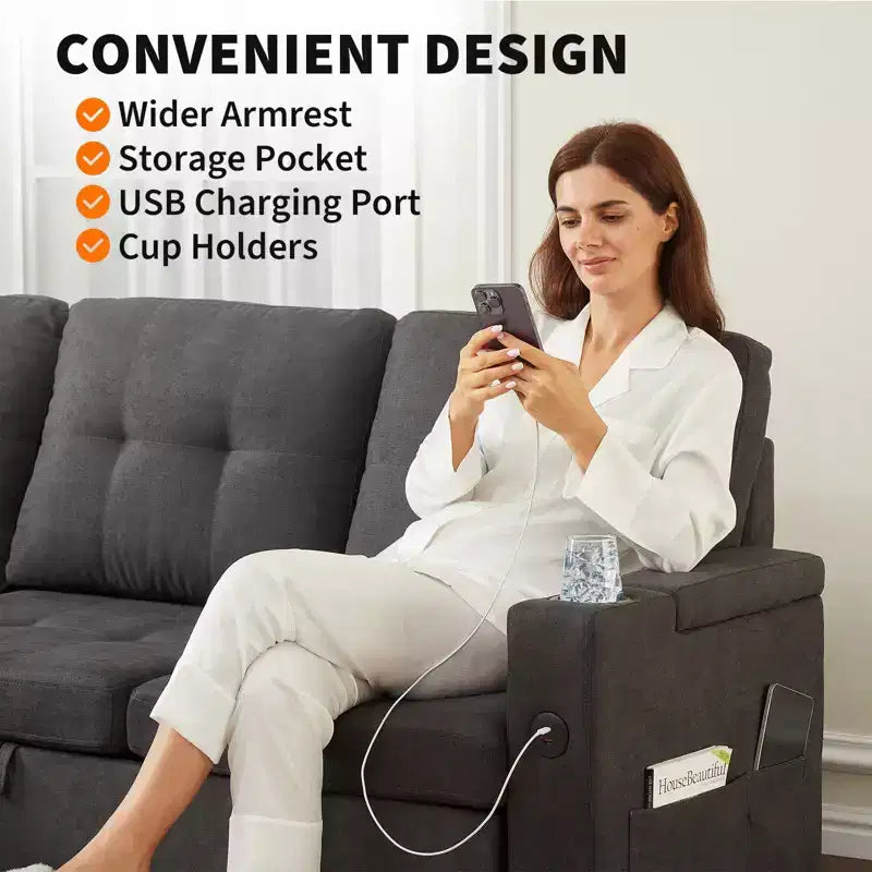 84 Sectional Sleeper Sofa with Storage Chaise & USB, Convertible L-Shaped Corduroy Couch for Living Room or Apartment, Dark Grey
