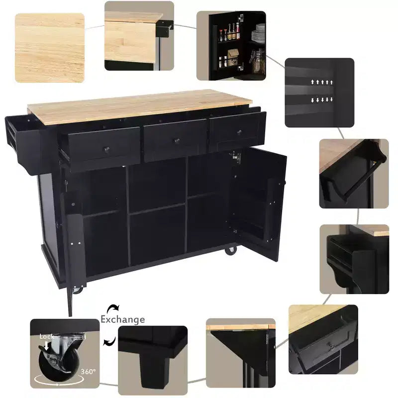 TUYOHW 53.1Inch Rolling Kitchen Island with Drop Leaf,Storage Cabinet and 3 Drawers