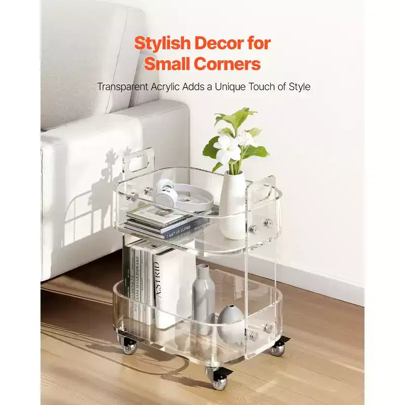 VEVOR Acrylic Table with Wheels, 2 Tiers Mobile Cart Table, Modern Rolling Acrylic Storage Desk, Clear Nightstand Side End Desk,12x16.3x18.9 in,Clear