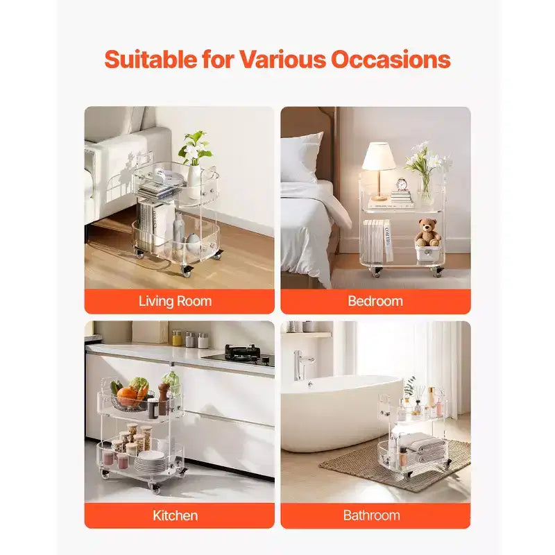 VEVOR Acrylic Table with Wheels, 2 Tiers Mobile Cart Table, Modern Rolling Acrylic Storage Desk, Clear Nightstand Side End Desk,12x16.3x18.9 in,Clear