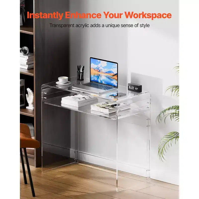 VEVOR Acrylic Table, 2 Tiers Clear End Table with Storage Shelf, Modern Rectangle Acrylic Side Desk,Thick Desk Nightstand,15.7 x 33.5 x 29.5 in,Clear