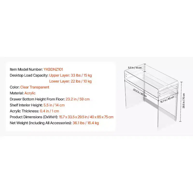 VEVOR Acrylic Table, 2 Tiers Clear End Table with Storage Shelf, Modern Rectangle Acrylic Side Desk,Thick Desk Nightstand,15.7 x 33.5 x 29.5 in,Clear