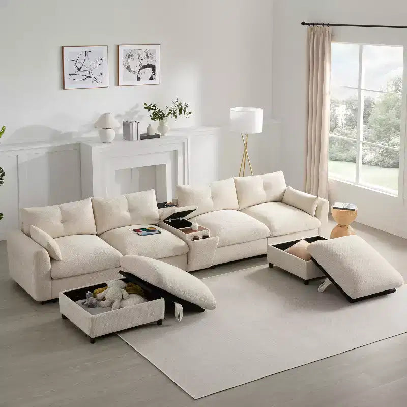 GDFStudio Parker Modern 136 Chenille U-Shaped Modular Sectional Sofa with Two Storage Ottomans and Multifunction Console
