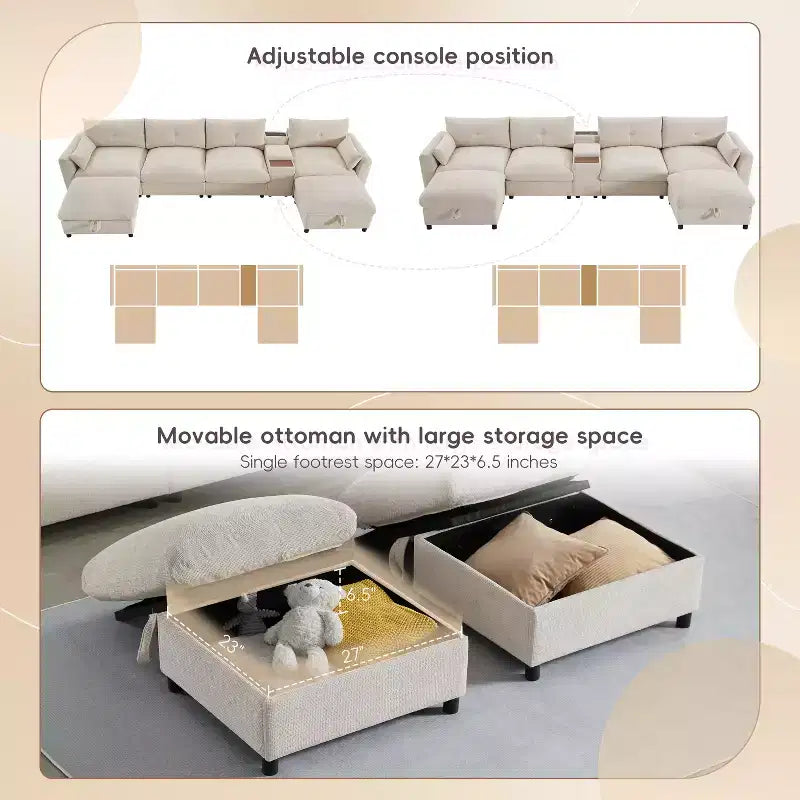 GDFStudio Parker Modern 136 Chenille U-Shaped Modular Sectional Sofa with Two Storage Ottomans and Multifunction Console