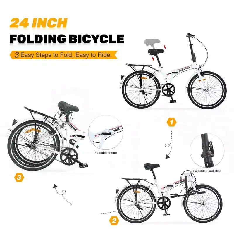 NAYSAYE Bicicleta plegable de 24 pulgadas para adultos con guardabarros, cuadro de acero, velocidad única, bicicleta de cercanías urbana, blanco claro, 63*22.83*45.6