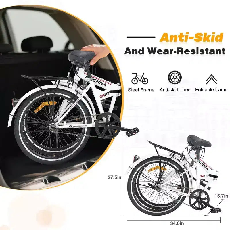 NAYSAYE Bicicleta plegable de 24 pulgadas para adultos con guardabarros, cuadro de acero, velocidad única, bicicleta de cercanías urbana, blanco claro, 63*22.83*45.6
