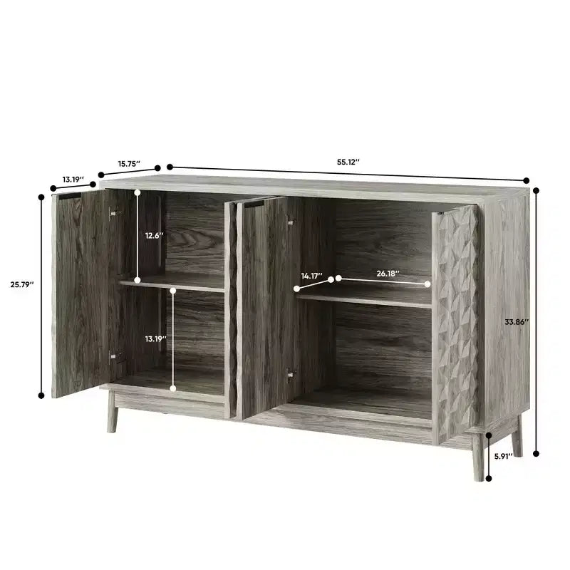 TUYOHW Gray Buffet Cabinet,Storage Sideboard with 4 Diamond Relief Doors,Adjustable Shelves,Cabinet for Living Room,Dining Room,Kitchen,Entryway