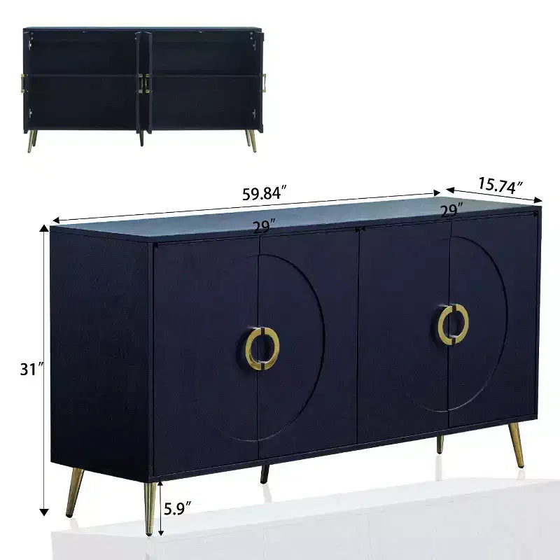 TUYOHW Lacquered 4 Door Wooden Cabinet Sideboard,Buffet Server with Gold Knobs,Adjustable Shelves,Console Table for Living Room,Dining Room