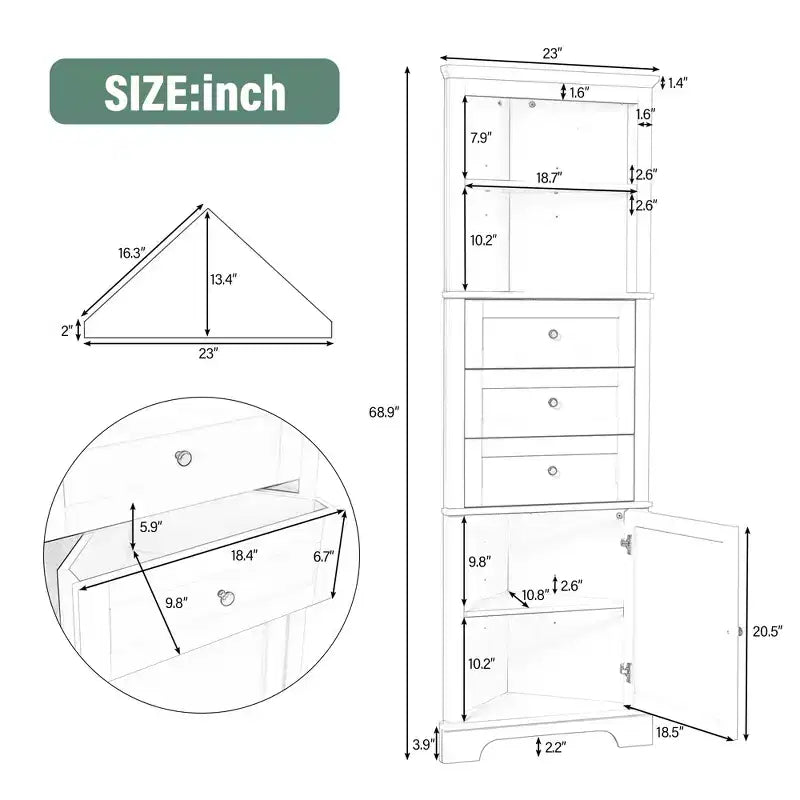 GDFStudio Dave Modern Wood Triangle Bathroom Storage Cabinet with 3 Drawers and Adjustable Shelves