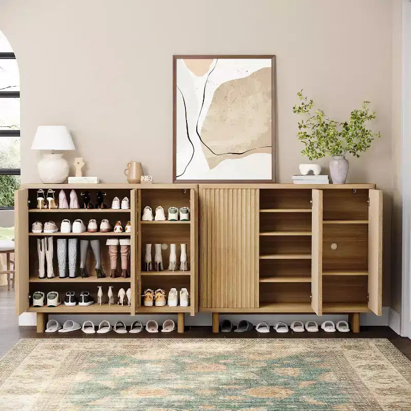 46 Inch Shoe Cabinet with Fluted Door, 5-Tier Storage with 4 Adjustable Shelves, Rustic Entryway Shoe Bench for Hallway, Living room