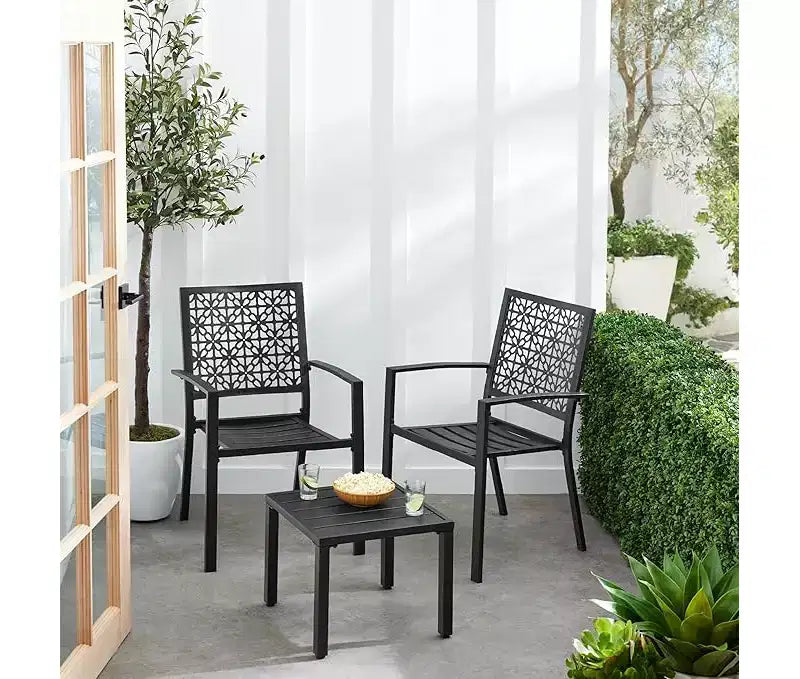 Stackable Outdoor Bistro Set 3 Piece Patio Table and 2 Chairs, Modern Wrought Iron Furniture with Scalloped Back for Porch Garden