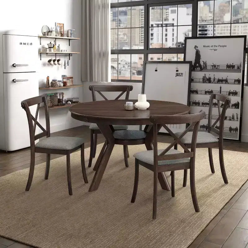 5-Piece Modern Wooden Dining Table Set,47 Round Table with 4 Upholstered Chairs Kitchen & Dining Room Small Space Furniture-Panipeachy