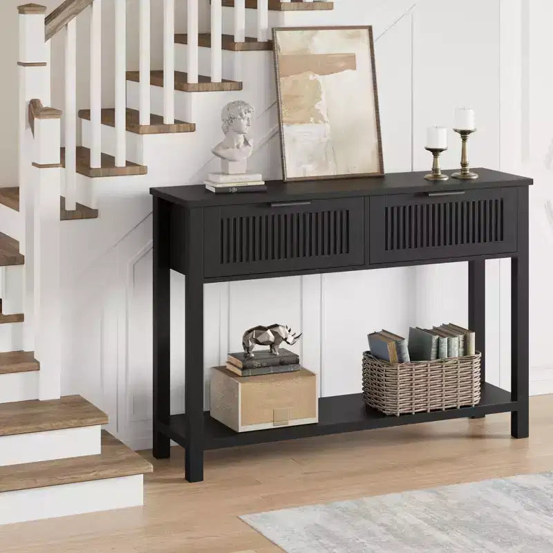 Fluted Entryway Console Table with 2 Drawers, Wooden Sofa Table for Living Room, Hallway or Foyer - Black Finish, Sleek Storage Design