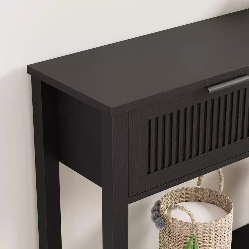 Fluted Entryway Console Table with 2 Drawers, Wooden Sofa Table for Living Room, Hallway or Foyer - Black Finish, Sleek Storage Design