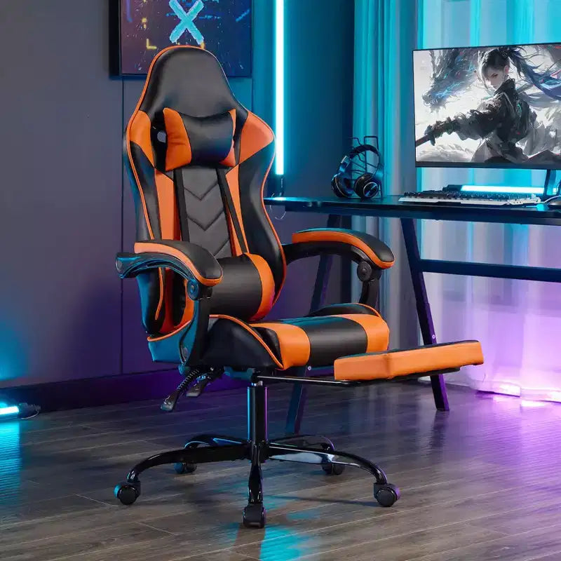 Silla de juegos MAYEERTY con reposapiés, silla ergonómica para ordenador con reposacabezas y soporte lumbar, sillas de videojuegos ajustables en altura, negro y naranja