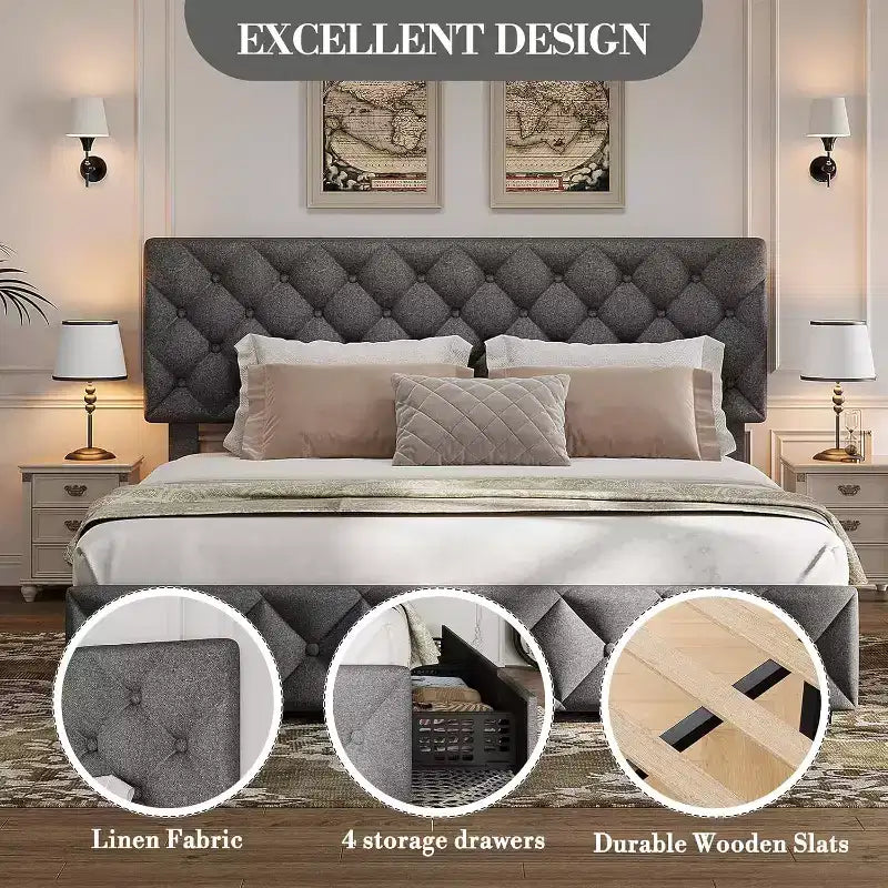 Full Size Bed Frame with 4 Storage Drawers & Headboard,Linen Upholstered Platform Bed Frame,Stylish Diamond Tufted Design, No Box Spring Needed |Grey