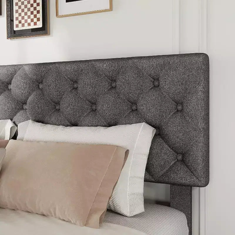 Full Size Bed Frame with 4 Storage Drawers & Headboard,Linen Upholstered Platform Bed Frame,Stylish Diamond Tufted Design, No Box Spring Needed |Grey