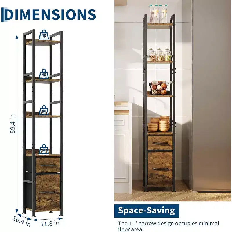 Industrial 4-Tier Bookcase, Tall Narrow Shelf with Fabric Drawers, Metal Frame Storage Organizer, for Living Room, Bedroom, or Office
