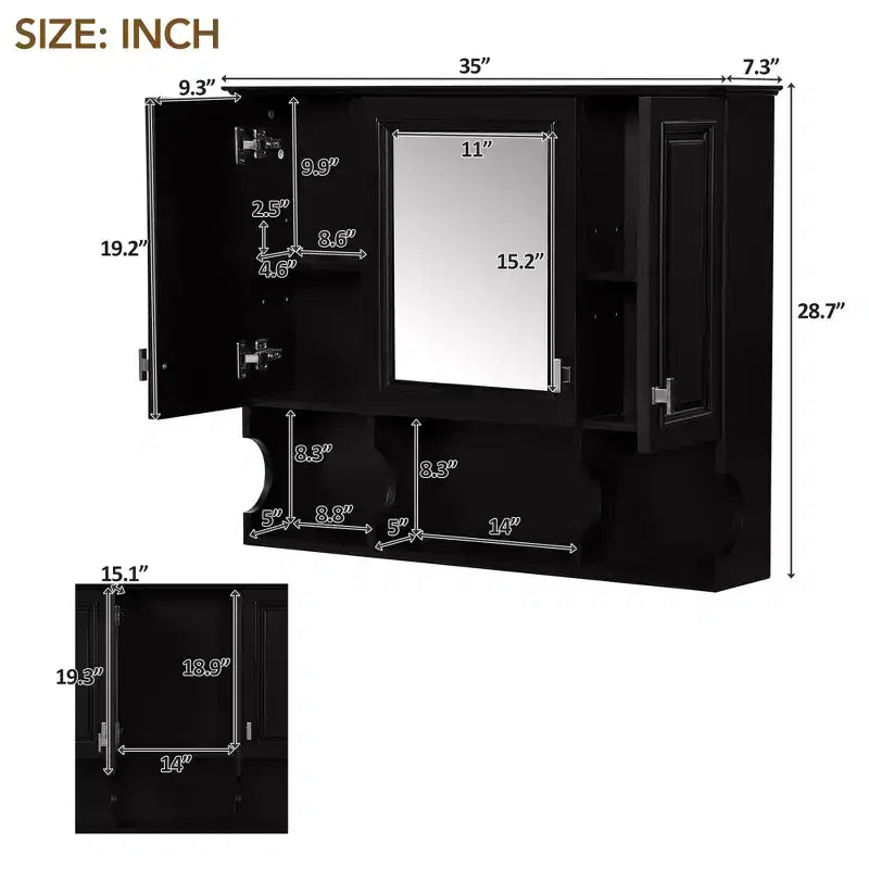 CASAINC 35 x 28 Wall Mounted Mirror Medicine Cabinet with Open Shelves, Modern Bathroom Storage Cabinet