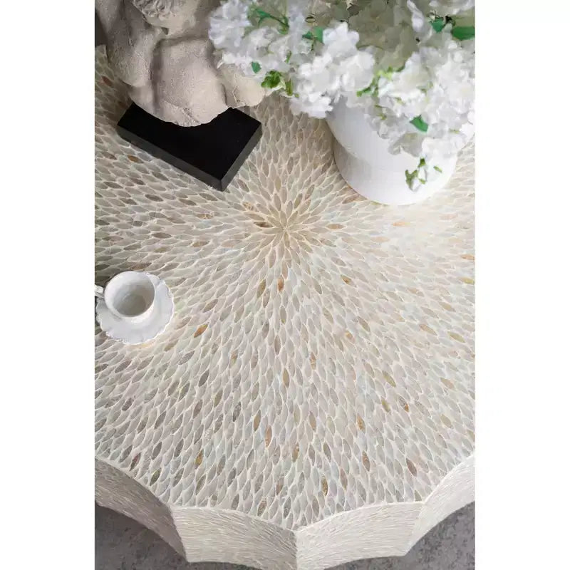 Geometric Coffee Table with Wood Base and White Black Capiz Top 35.5x35.5x16