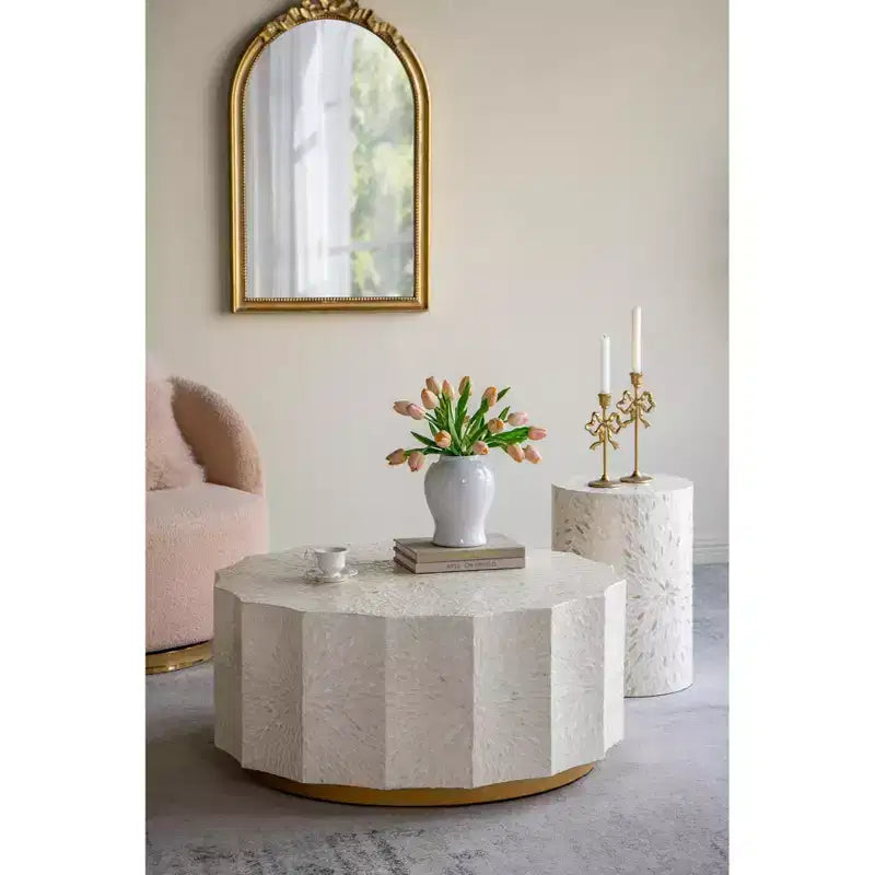 Geometric Coffee Table with Wood Base and White Black Capiz Top 35.5x35.5x16
