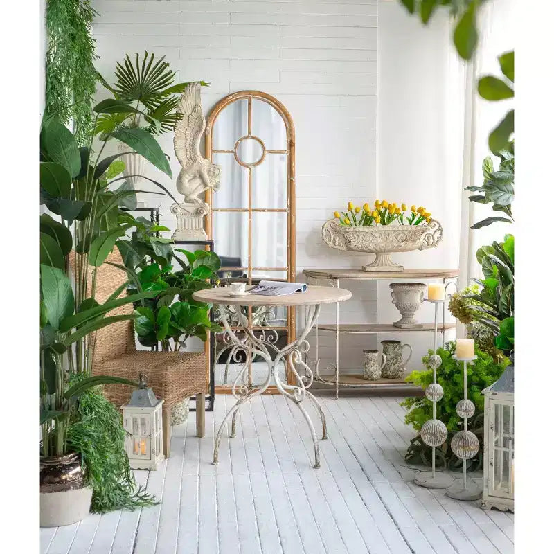 Round Wooden Table with Metal Scrollwork Legs White Finish 31.5x31.5