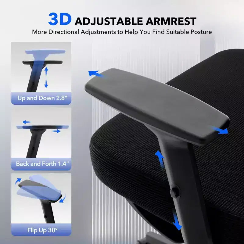 Silla de oficina ergonómica de respaldo alto Silla gamer de malla transpirable con soporte lumbar ajustable y reposabrazos 3D