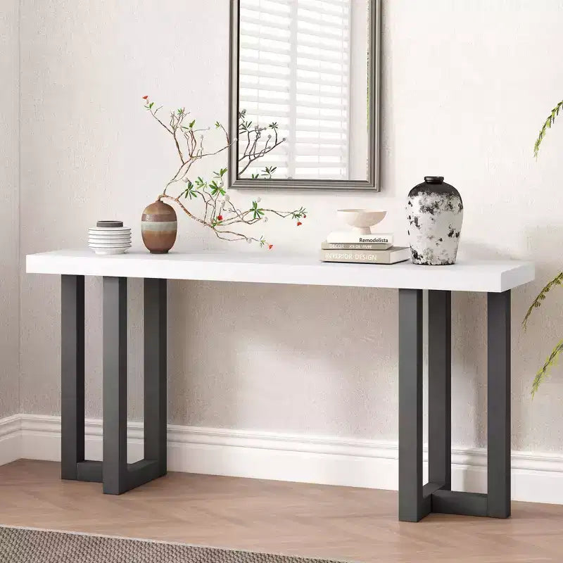 TUYOHW 63 Modern Console Table with Geometric Patchwork Top,Entryway Table with Solid Pine Legs,Foyer Table for Living Room,Hallway,Entryway