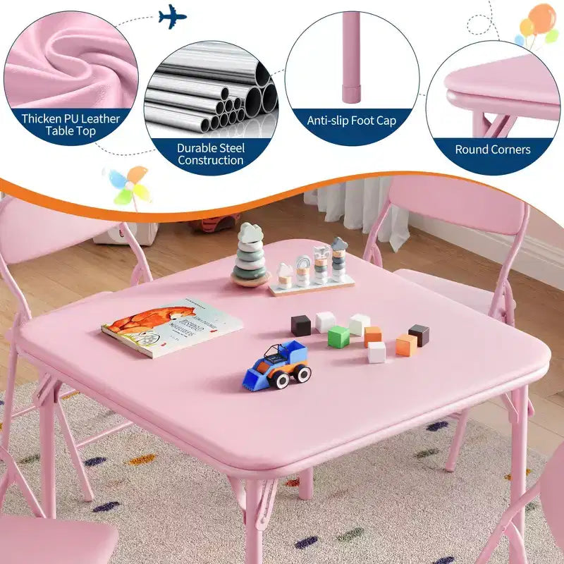 Pink 5-Piece Folding Table & Chairs Set C Kids Activity Set for Dining Room/Daycare/Classroom