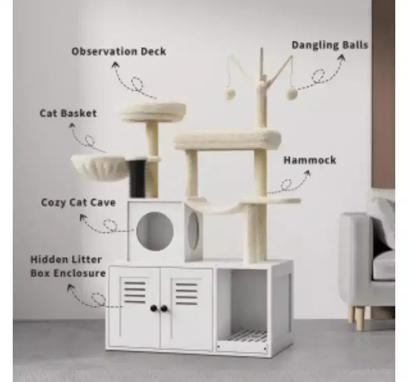 Cat Litter Box Cabinet 81 with Cat Tree (PB Board + Plush)