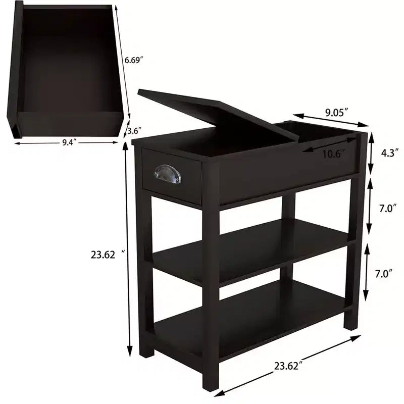 MAYEERTY Narrow Side Table, Flip Over Design with Drawers & Bottom Partition, Brown