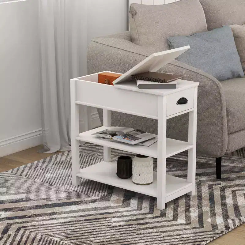 MAYEERTY Narrow Side Table, Flip Over Design with Drawers & Bottom Partition, Brown