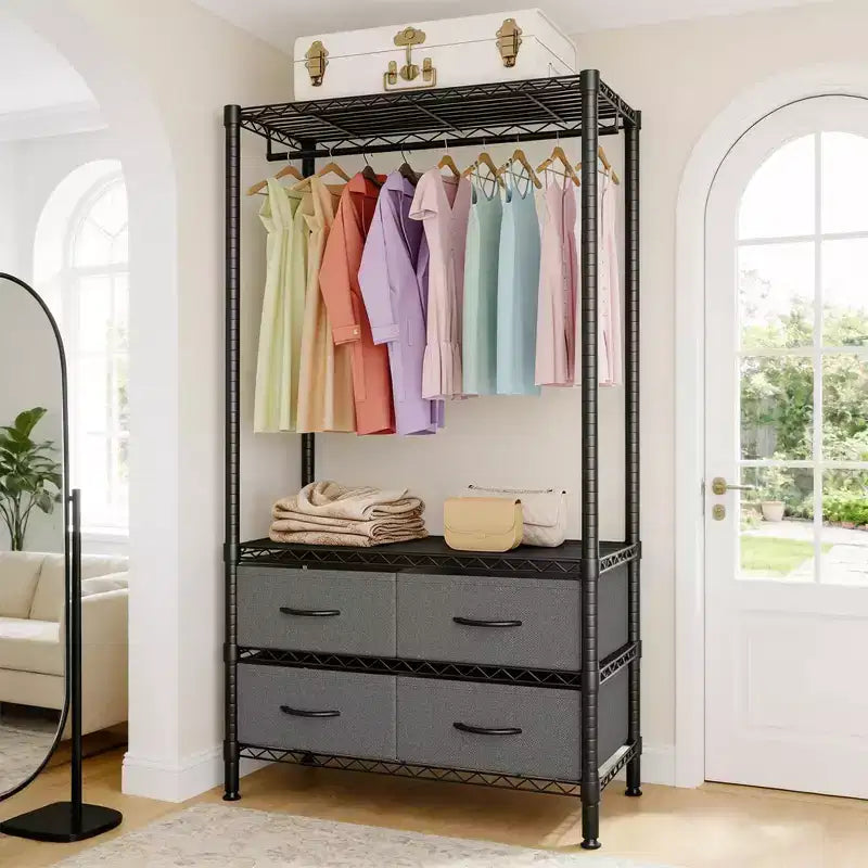 Metal Garment Rack for Hanging Clothes, 35'' Freestanding Garment Rack with Adjustable Shelves & 4 Fabric Drawers, Heavy Duty Clothes Hanger