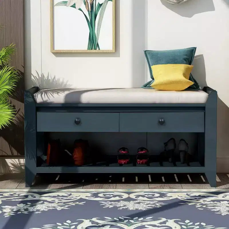 TUYOHW Solid Wood Shoe Storage Bench with 2 Drawers & Cushion,Multipurpose Entryway Organizer with Grid Rack Base,Antique Navy