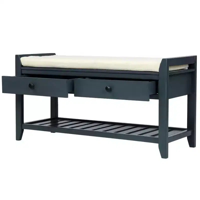 TUYOHW Solid Wood Shoe Storage Bench with 2 Drawers & Cushion,Multipurpose Entryway Organizer with Grid Rack Base,Antique Navy