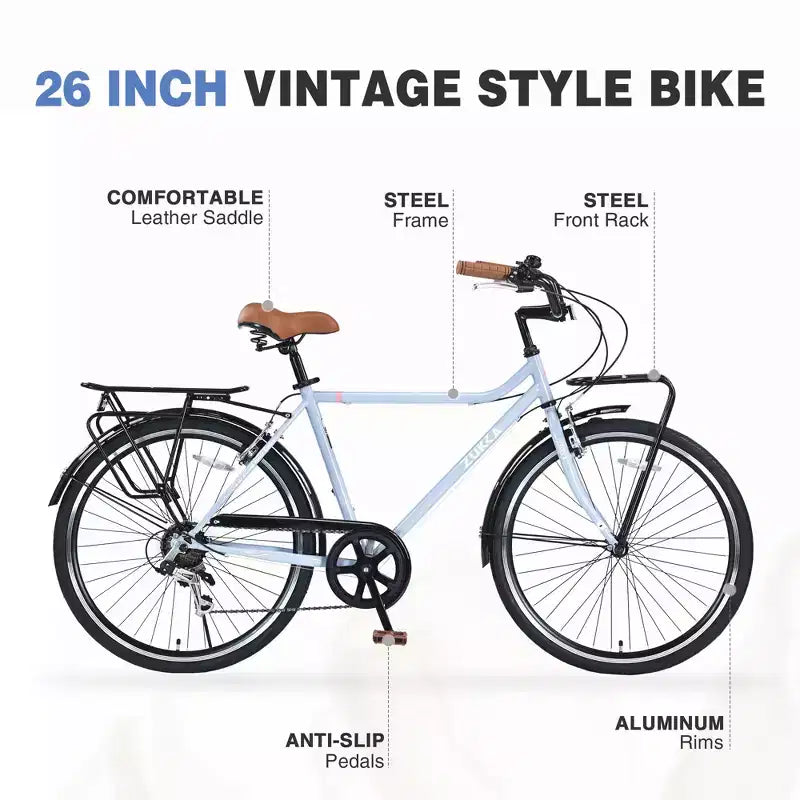 Bicicleta urbana tipo crucero clásico de 24/26 pulgadas para hombres y mujeres, de una o siete velocidades, con parrilla trasera, varios colores
