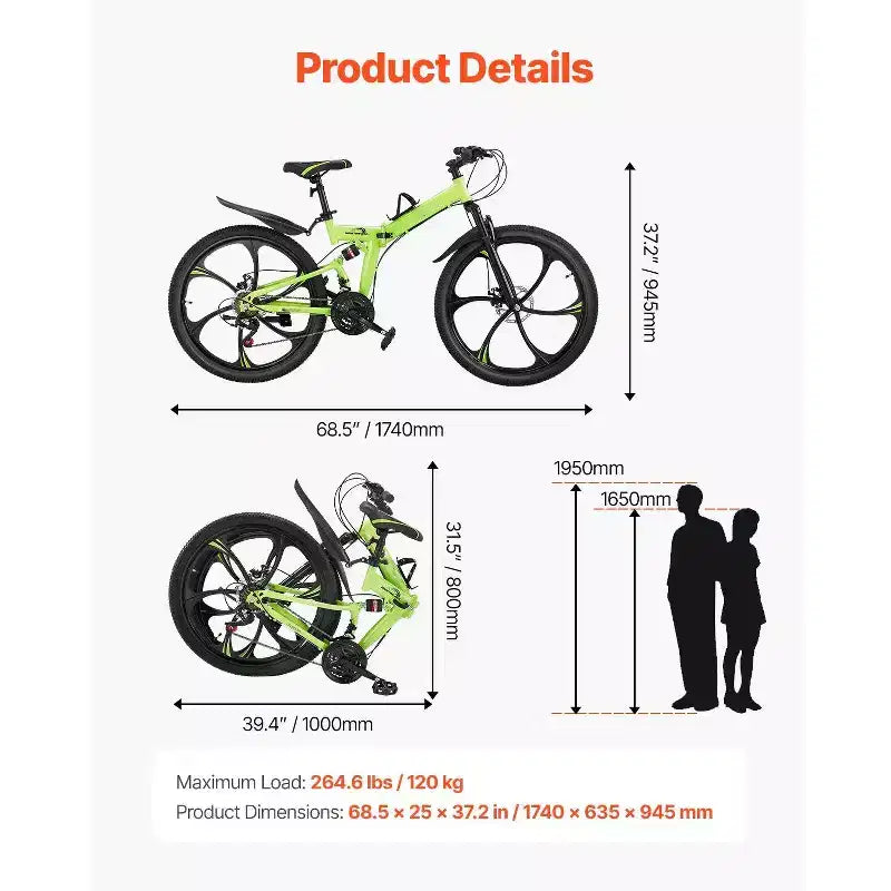 Bicicleta de montaña plegable de 26 pulgadas con suspensión total, transmisión de 21 velocidades, frenos de disco y cuadro de acero de alto carbono para hombres y mujeres adultos