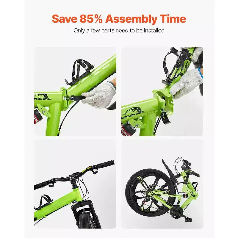 Bicicleta de montaña plegable de 26 pulgadas con suspensión total, transmisión de 21 velocidades, frenos de disco y cuadro de acero de alto carbono para hombres y mujeres adultos