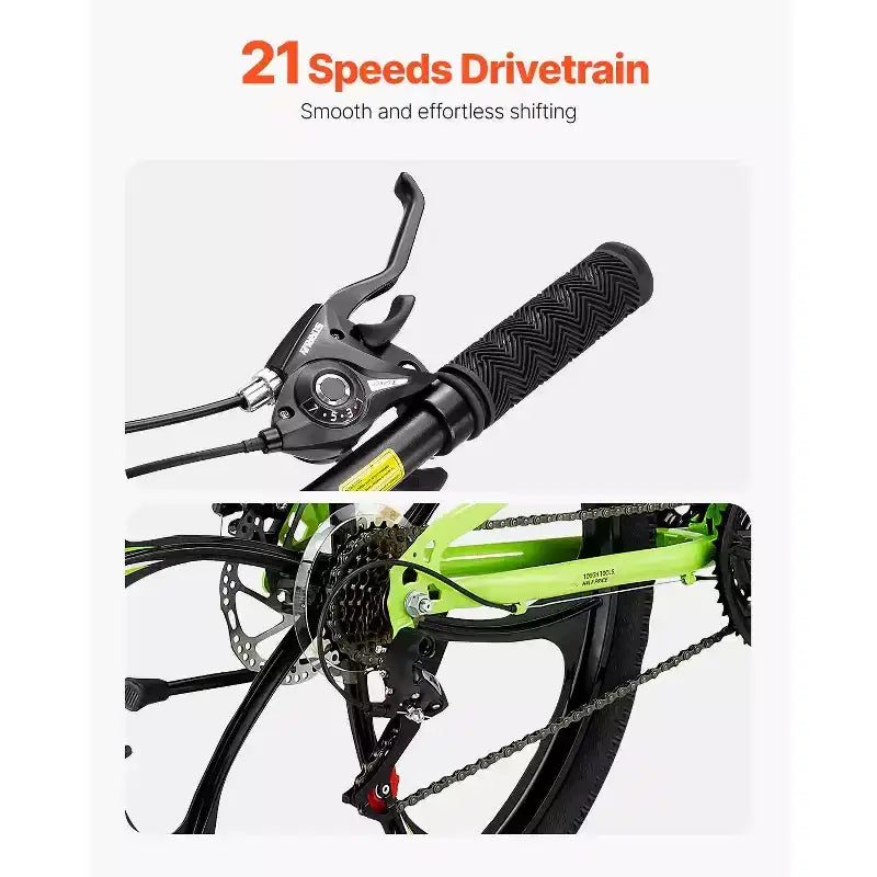 Bicicleta de montaña plegable de 26 pulgadas con suspensión total, transmisión de 21 velocidades, frenos de disco y cuadro de acero de alto carbono para hombres y mujeres adultos