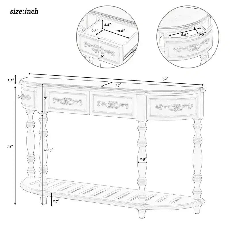 TUYOHW 52 Classic Curved Console Table with 4 Drawers and Lower Shelf,Solid Wood Entryway Table with Ample Storage for Hallway,Living Room