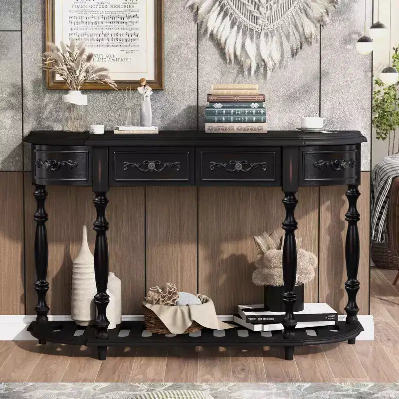 TUYOHW 52 Classic Curved Console Table with 4 Drawers and Lower Shelf,Solid Wood Entryway Table with Ample Storage for Hallway,Living Room