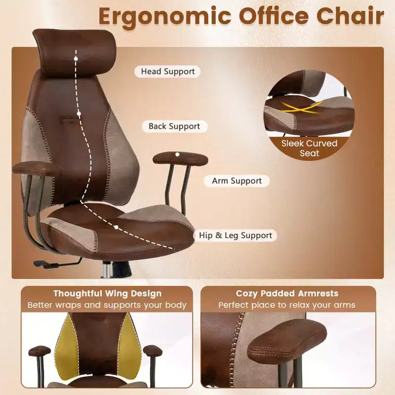 Silla de oficina ergonómica Costway con reposacabezas 2D, respaldo reclinable y ruedas, silla gaming azul/marrón y beige/gris y azul