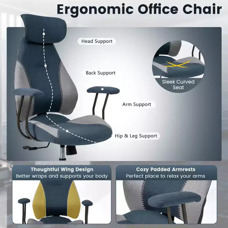 Silla de oficina ergonómica Costway con reposacabezas 2D, respaldo reclinable y ruedas, silla gaming azul/marrón y beige/gris y azul