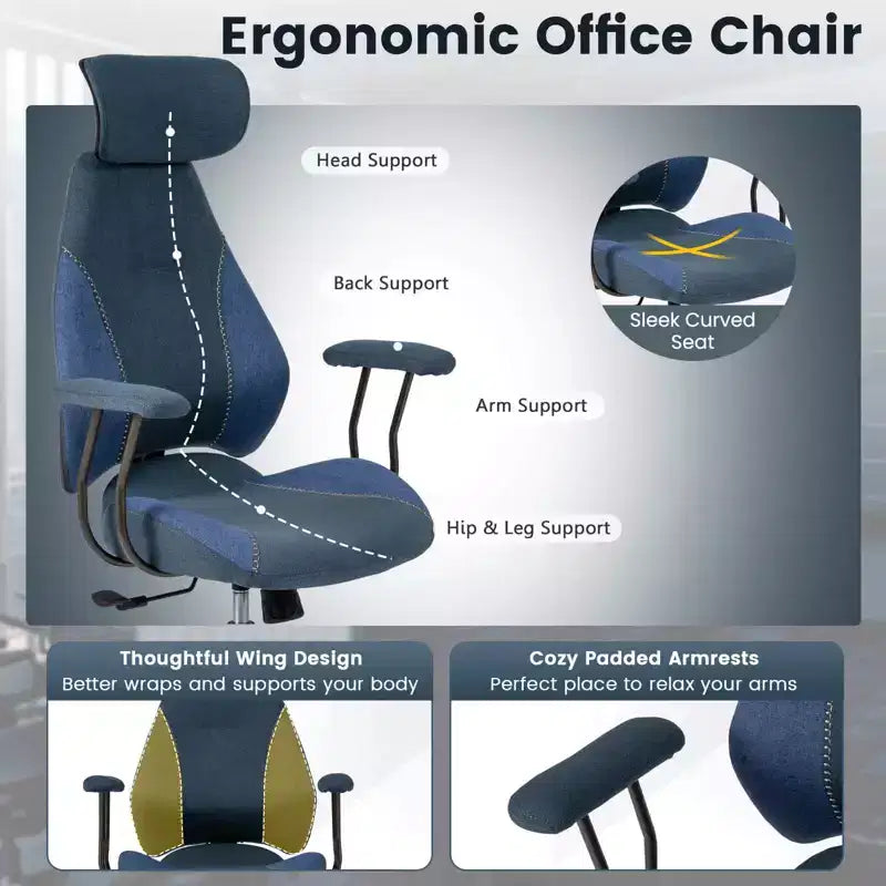 Silla de oficina ergonómica Costway con reposacabezas 2D, respaldo reclinable y ruedas, silla gaming azul/marrón y beige/gris y azul