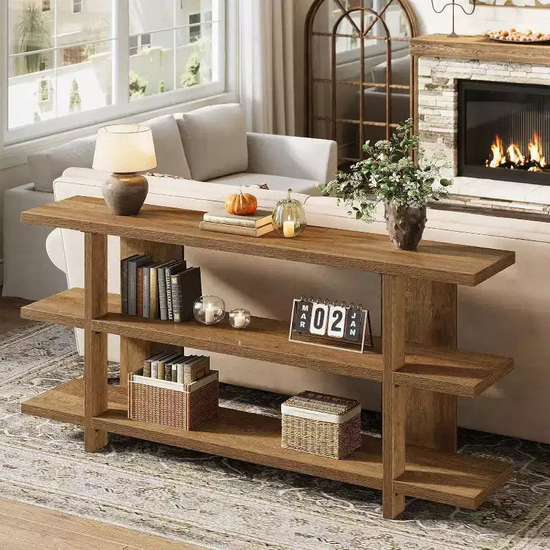 Lantine 63-Inch Long Console Table, Wooden Entryway Table with 3-Tier Storage Shelf, Farmhouse Foyer Sofa Furniture for Living Room, Hallway