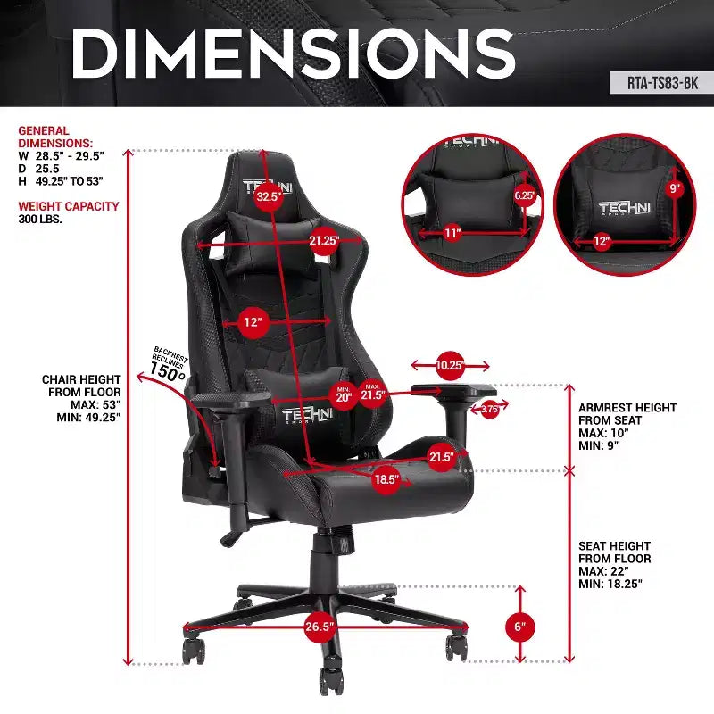 TUYOHW Silla ergonómica ajustable para juegos, silla de oficina giratoria 360° con almohada para cabeza y lumbar, silla reclinable 90-150 para oficina y hogar, 136 kg máx., negra