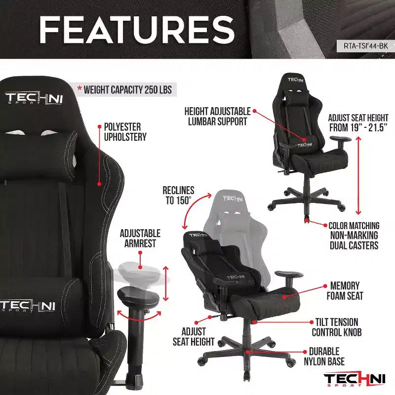 TUYOHW Silla de juego ergonómica ajustable, giratoria 360°, con cojín lumbar y para la cabeza, reclinable de 90 a 150 grados para oficina y hogar, 113 kg máx., color negro